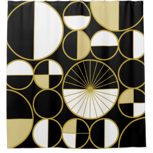 Mid Century Modern Circles Halves Black Gold Shower Curtain