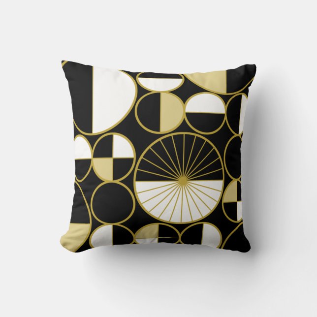 Mid Century Modern Circles Halves Black Gold Throw Pillow (Front)