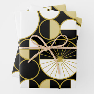 Mid Century Modern Circles Halves Black Gold Wrapping Paper Sheets