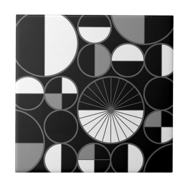 Mid Century Modern Circles Halves Black Gray Ceramic Tile (Front)