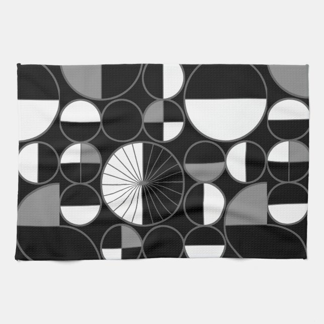 Mid Century Modern Circles Halves Black Gray Kitchen Towel (Horizontal)