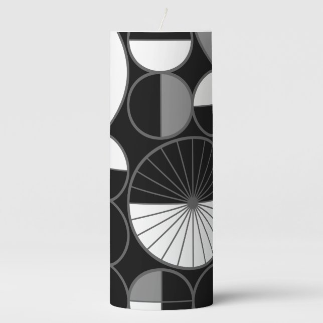Mid Century Modern Circles Halves Black Gray Pillar Candle (Front)