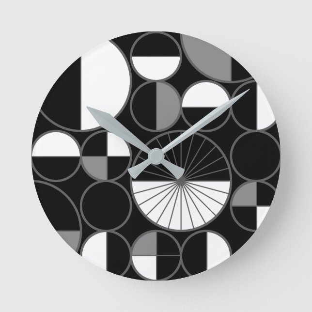 Mid Century Modern Circles Halves Black Gray Round Clock (Front)