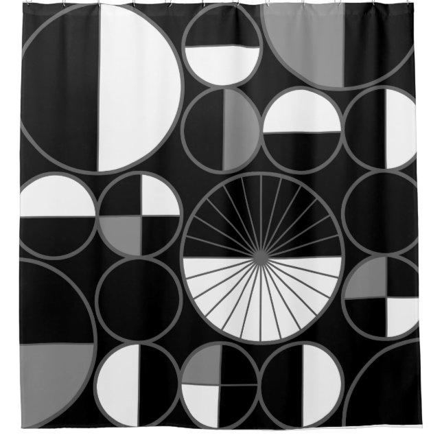 Mid Century Modern Circles Halves Black Gray Shower Curtain (Front)