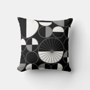 Mid Century Modern Circles Halves Black Gray Throw Pillow