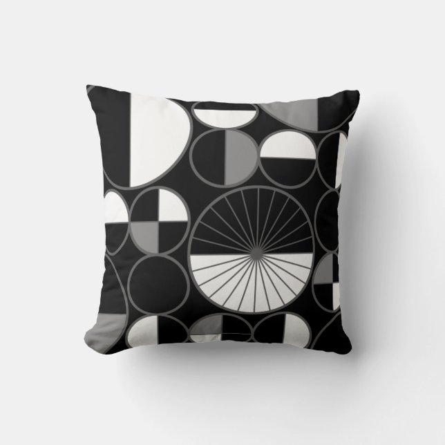 Mid Century Modern Circles Halves Black Gray Throw Pillow (Front)
