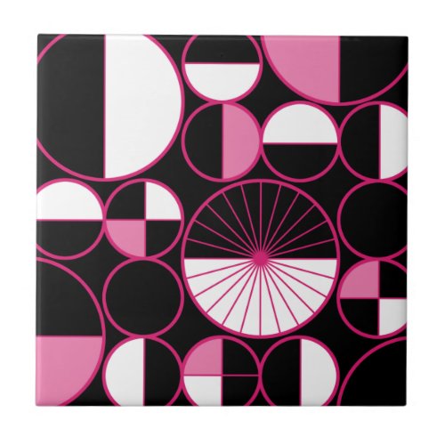 Mid Century Modern Circles Halves Black Pink Ceramic Tile