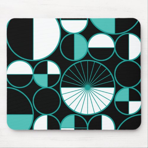 Mid Century Modern Circles Halves Black Turquoise Mouse Pad