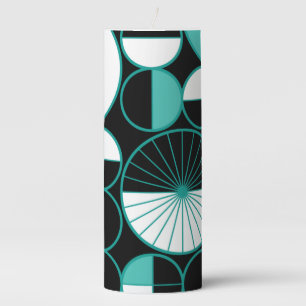 Mid Century Modern Circles Halves Black Turquoise Pillar Candle