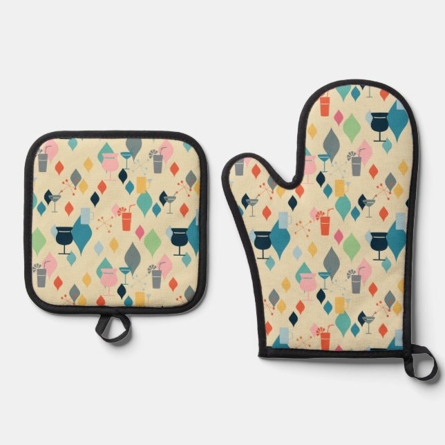 Mid Century Modern Cocktails Oven Mitt & Pot Holder Set (Front)