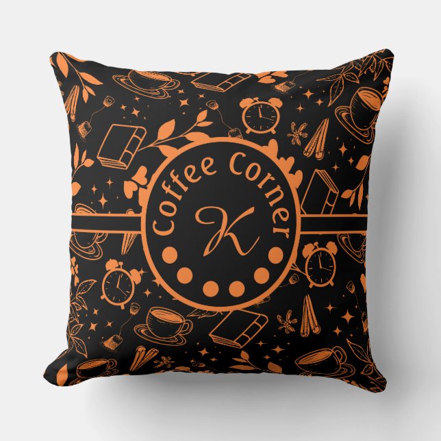 mid century modern coffee lover bookworm orange throw pillow (Front)