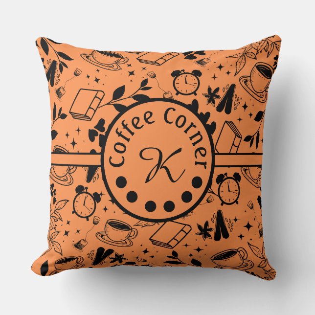 mid century modern coffee lover bookworm orange throw pillow (Front)