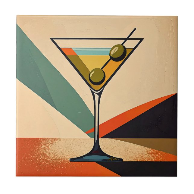 Mid Century Modern Color Block Martini Art Ceramic Tile (Front)