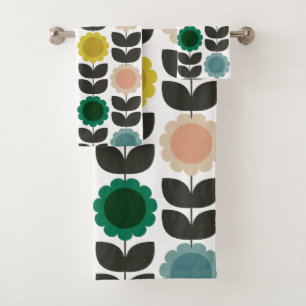  Mid-Century Modern Colored Retro Groovy Flowers  Bath Towel Set