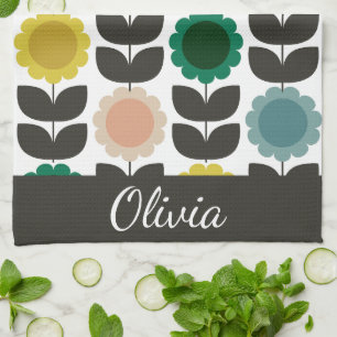 Mid-Century Modern Colored Retro Groovy Flowers Kitchen Towel