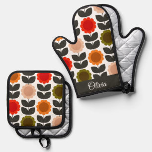  Mid-Century Modern Colored Retro Groovy Flowers  Oven Mitt & Pot Holder Set