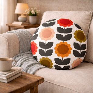  Mid-Century Modern Colored Retro Groovy Flowers  Round Pillow