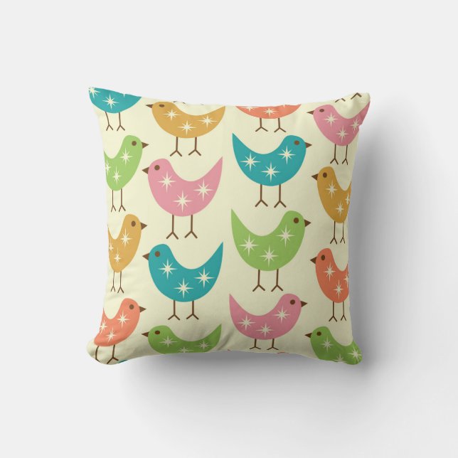 Mid Century Modern Colorful Atomic Birds Pattern  Throw Pillow (Front)