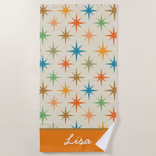 Mid century modern colorful atomic starburst  Name Beach Towel (Front)