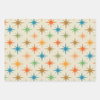 Mid century modern colorful atomic starburst wrapping paper sheets