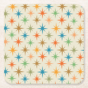 Mid century modern colorful atomic starbursts square paper coaster
