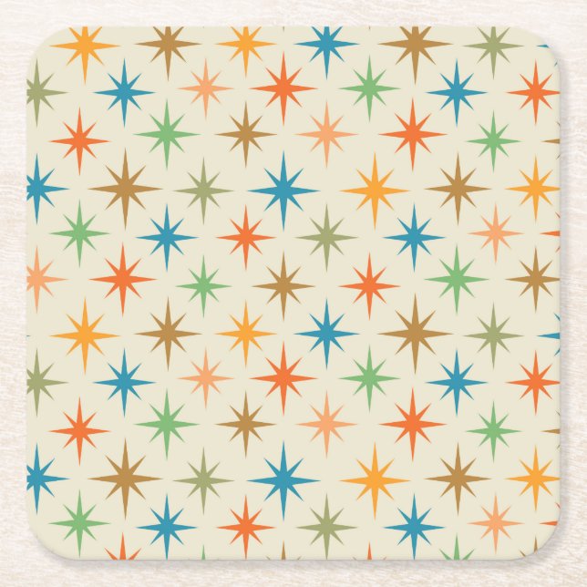 Mid century modern colorful atomic starbursts  square paper coaster (Front)