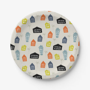 Mid-century modern colorful houses and trees paper plates