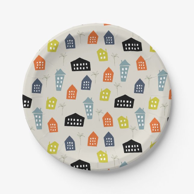Mid-century modern colorful houses and trees paper plates (Front)