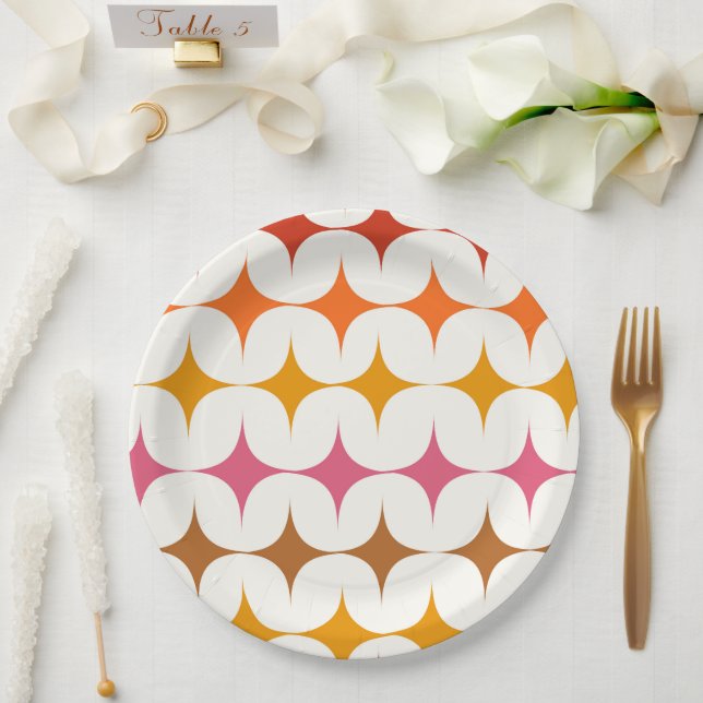 Mid Century Modern Colorful Starbursts On White  Paper Plates (Wedding)