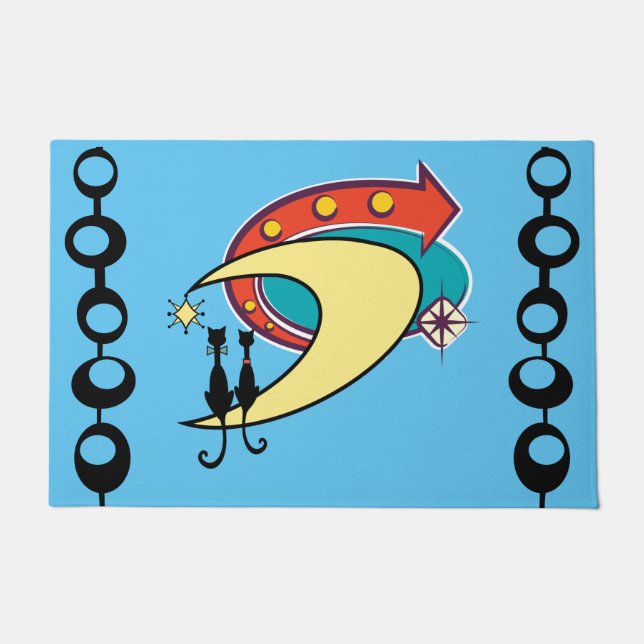 Mid Century Modern Cool Cat Boomerang Moon Doormat (Front)