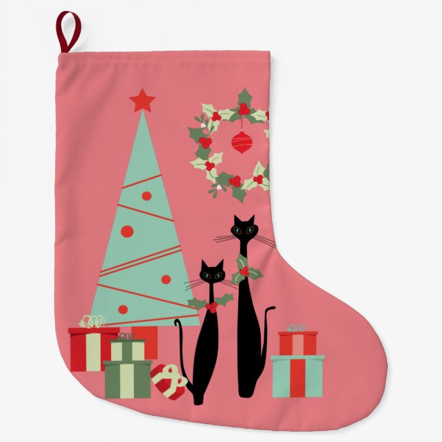 Mid Century Modern Cool Cat Pair & Christmas Tree Large Christmas Stocking (Front)