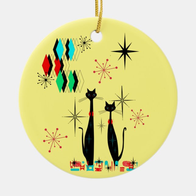 Mid Century Modern Cool Cat & Starburst Atomic Era Ceramic Ornament (Front)