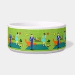 Mid Century Modern Couple Ceramic Pet Bowl<br><div class="desc">This Mid Century Modern Couple Ceramic Pet Bowl looks like a scene out of a romantic comedy. The 1960's style, minimalist art design features an attractive cartoon couple enjoying a romantic evening at home. The sophisticated room prominently features a green stone wall with a roaring fire in the fireplace. The...</div>