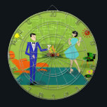 Mid Century Modern Couple Dart Board<br><div class="desc">This Mid Century Modern Couple Dart Board looks like a scene out of a romantic comedy. The 1960's style, minimalist art design features an attractive cartoon couple enjoying a romantic evening at home. The sophisticated room prominently features a green stone wall with a roaring fire in the fireplace. The furnishings...</div>