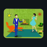 Mid Century Modern Couple Flexible Magnet<br><div class="desc">This Mid Century Modern Couple Flexible Magnet looks like a scene out of a romantic comedy. The 1960's style, minimalist art design features an attractive cartoon couple enjoying a romantic evening at home. The sophisticated room prominently features a green stone wall with a roaring fire in the fireplace. The furnishings...</div>
