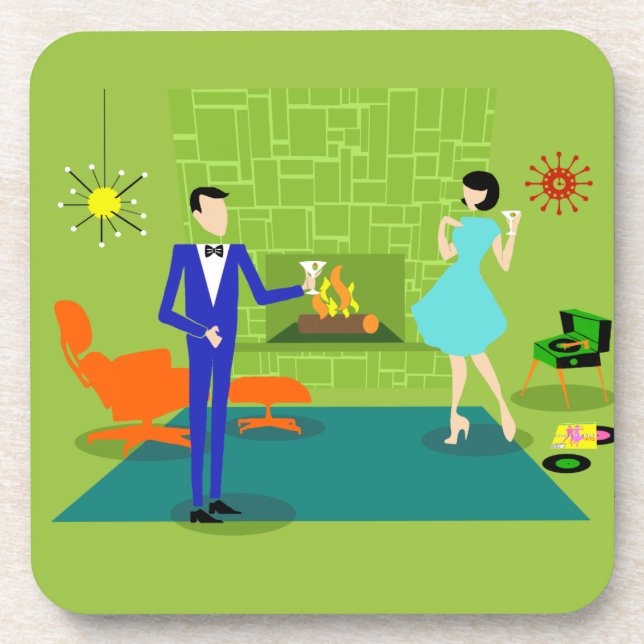 Mid Century Modern Couple Hard Plastic Coasters (Front)
