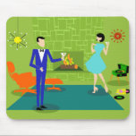 Mid Century Modern Couple Mousepad<br><div class="desc">This Mid Century Modern Couple Mousepad looks like a scene out of a romantic comedy. The 1960's style, minimalist art design features an attractive cartoon couple enjoying a romantic evening at home. The sophisticated room prominently features a green stone wall with a roaring fire in the fireplace. The furnishings in...</div>