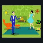 Mid Century Modern Couple Poster<br><div class="desc">This Mid Century Modern Couple Poster looks like a scene out of a romantic comedy. The 1960's style, minimalist art design features an attractive cartoon couple enjoying a romantic evening at home. The sophisticated room prominently features a green stone wall with a roaring fire in the fireplace. The furnishings in...</div>