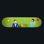 Mid Century Modern Couple Skateboard<br><div class="desc">This Mid Century Modern Couple Skateboard looks like a scene out of a romantic comedy. The 1960's style, minimalist art design features an attractive cartoon couple enjoying a romantic evening at home. The sophisticated room prominently features a green stone wall with a roaring fire in the fireplace. The furnishings in...</div>
