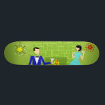 Mid Century Modern Couple Skateboard<br><div class="desc">This Mid Century Modern Couple Skateboard looks like a scene out of a romantic comedy. The 1960's style, minimalist art design features an attractive cartoon couple enjoying a romantic evening at home. The sophisticated room prominently features a green stone wall with a roaring fire in the fireplace. The furnishings in...</div>