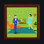 Mid Century Modern Couple Wooden Keepsake Box<br><div class="desc">This Mid Century Modern Couple Wooden Jewelry Keepsake Box looks like a scene out of a romantic comedy. The 1960's style, minimalist art design features an attractive cartoon couple enjoying a romantic evening at home. The sophisticated room prominently features a green stone wall with a roaring fire in the fireplace....</div>