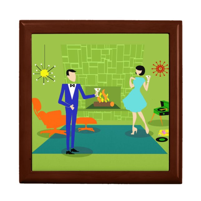 Mid Century Modern Couple Wooden Keepsake Box (Front)