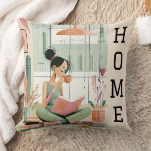 Mid Century Modern Cozy Girl Reading Book Home Throw Pillow