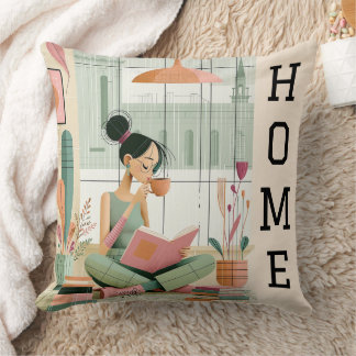 Mid Century Modern Cozy Girl Reading Book Home Throw Pillow