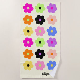 Mid Century Modern Daisies Colorful Retro Name Beach Towel