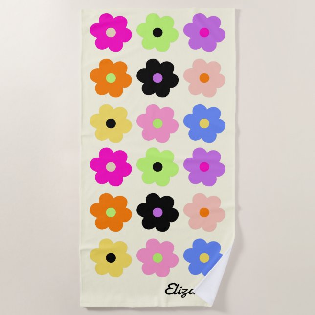 Mid Century Modern Daisies Colorful Retro Name Beach Towel (Front)