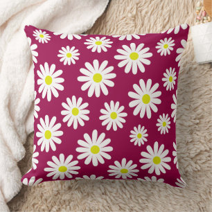 mid century modern daisies floral berry pink throw pillow