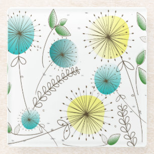 Mid-Century Modern Dandelion Clocks Blue Yellow  Glass Coaster