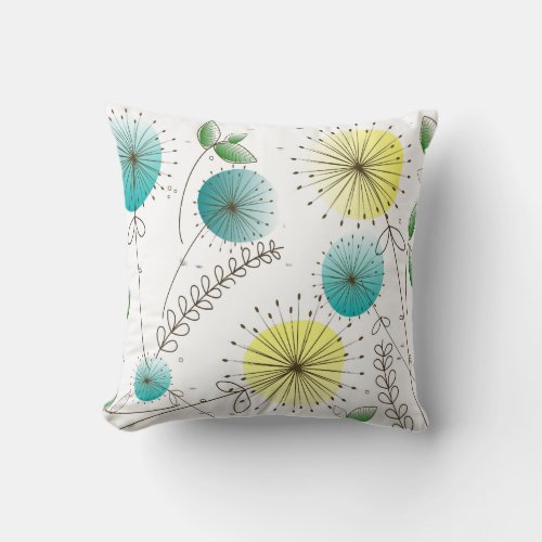 Mid_Century Modern Dandelion Clocks Blue Yellow Throw Pillow