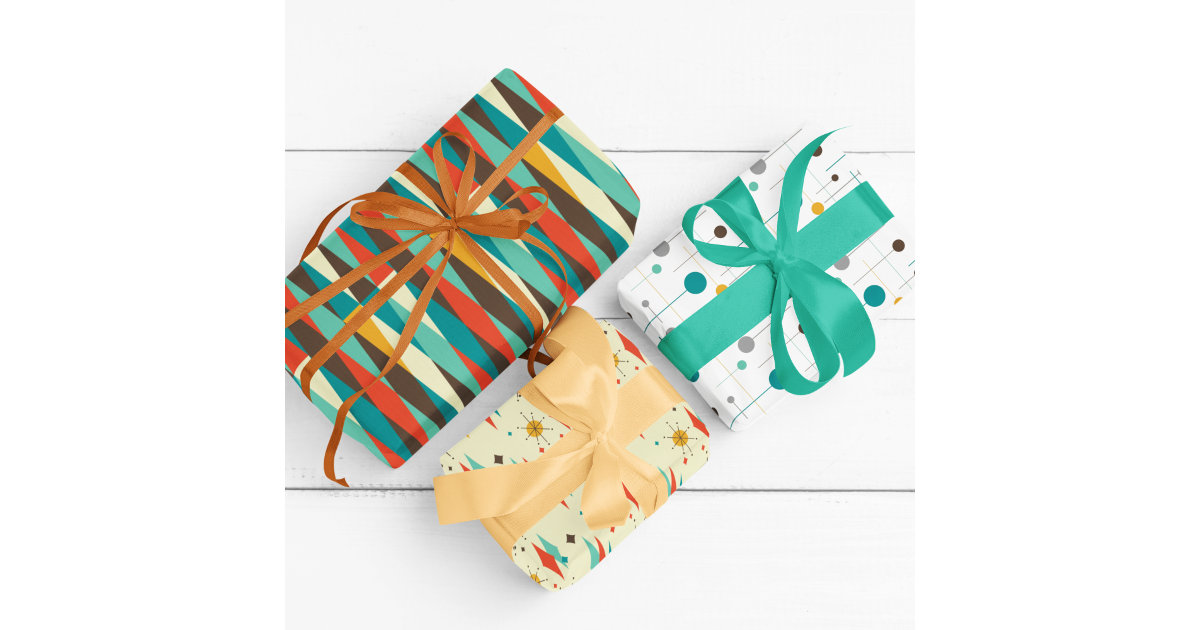 Midcentury Modern Retro Atomic Dots Teal Orange Wrapping Paper Sheets, Zazzle